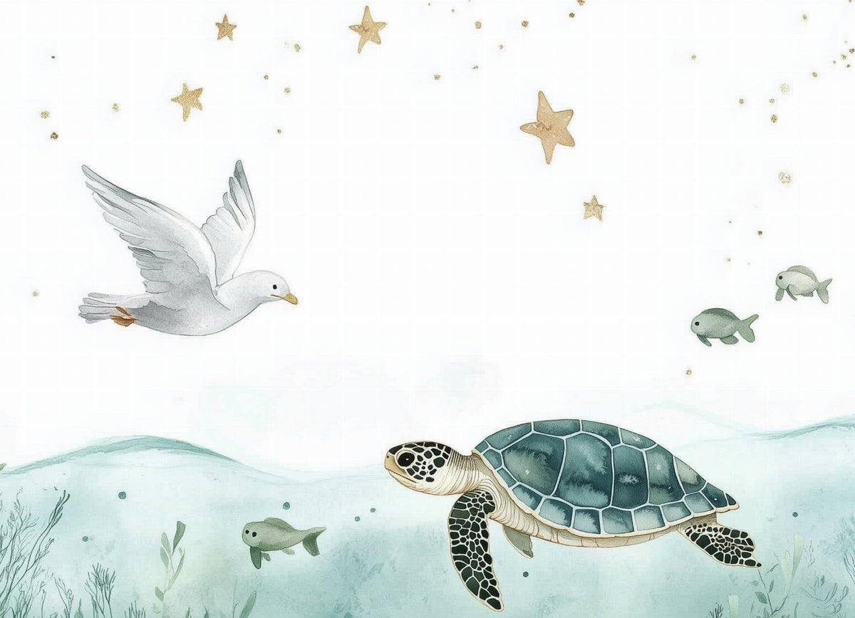 Papier peint océan tortue et étoiles dorées