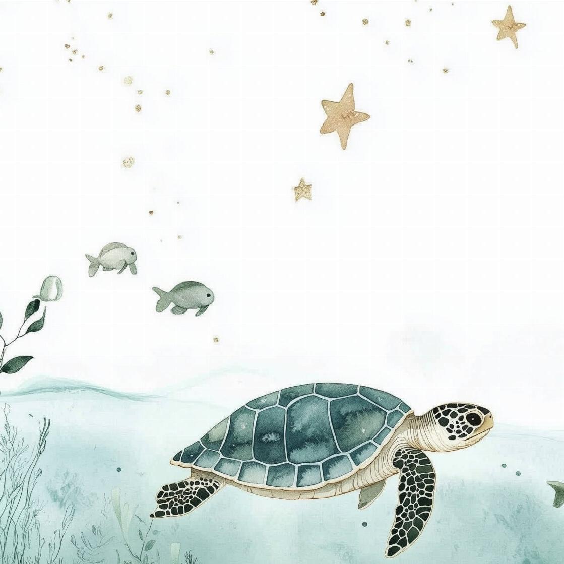 Papier peint océan tortue et étoiles dorées