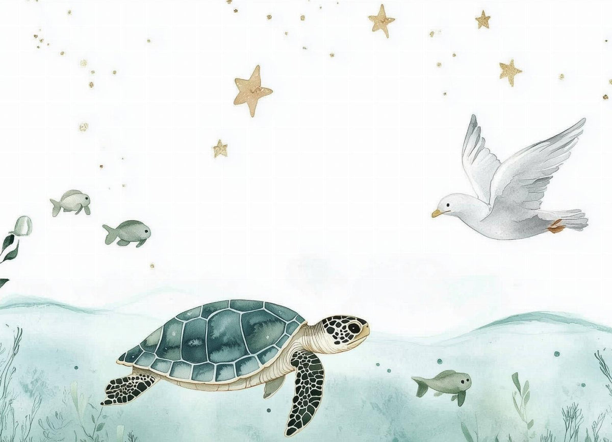 Papier peint océan tortue et étoiles dorées