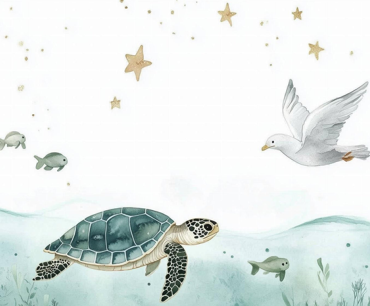 Papier peint océan tortue et étoiles dorées