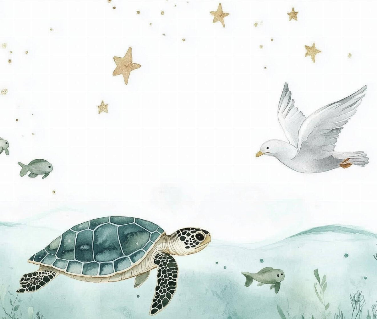 Papier peint océan tortue et étoiles dorées