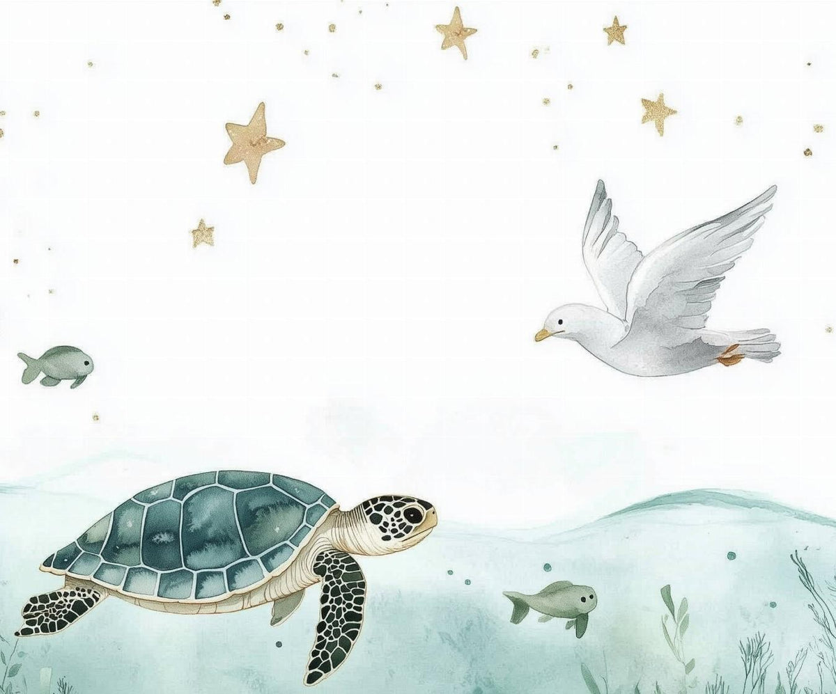 Papier peint océan tortue et étoiles dorées