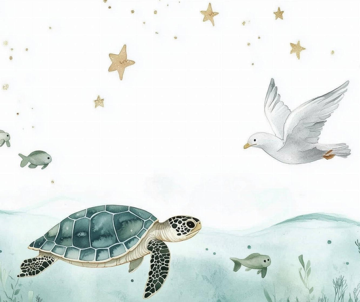 Papier peint océan tortue et étoiles dorées