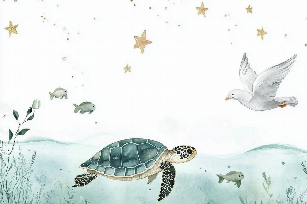 Papier peint océan tortue et étoiles dorées