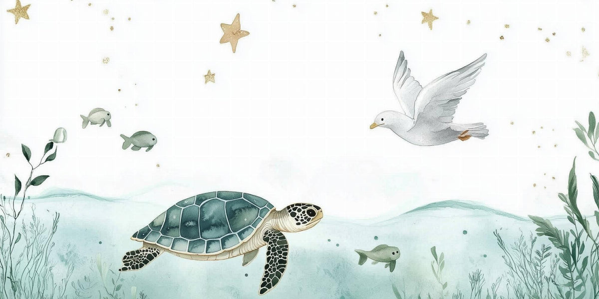 Papier peint océan tortue et étoiles dorées
