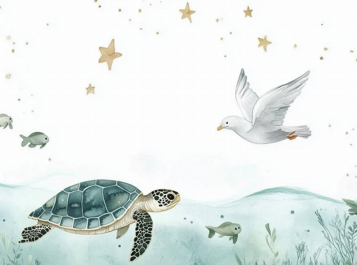 Papier peint océan tortue et étoiles dorées