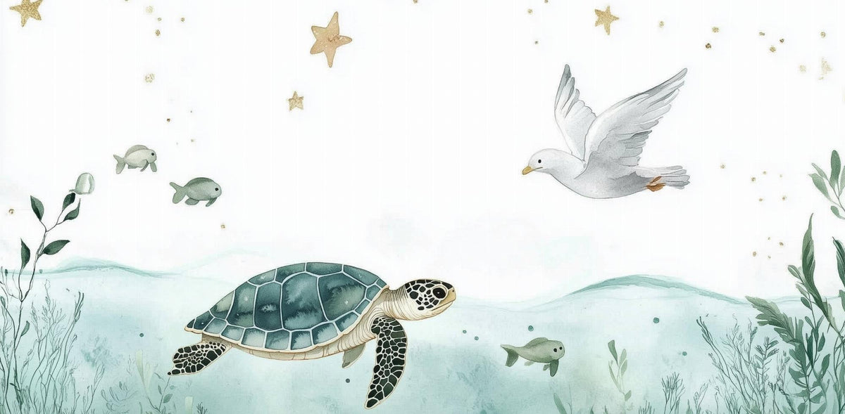 Papier peint océan tortue et étoiles dorées