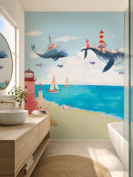 Papier peint chambre bébé baleine et océan