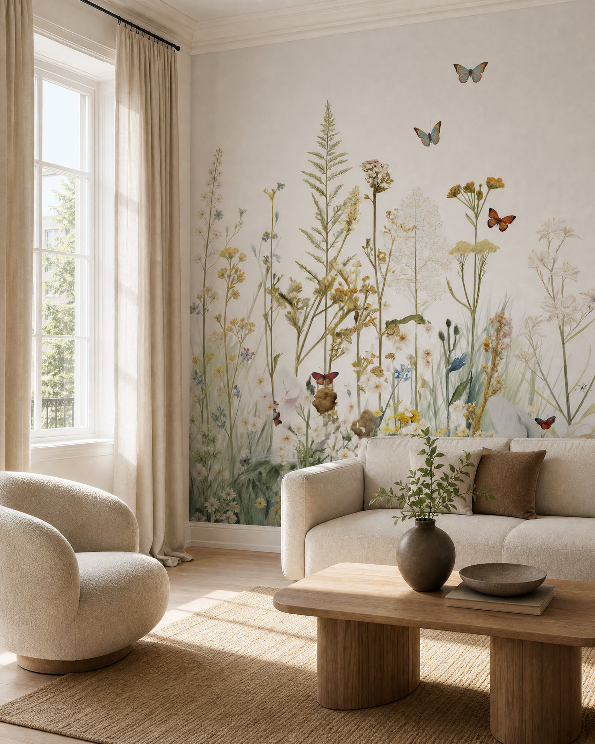Papier peint fleurs sauvages et papillons