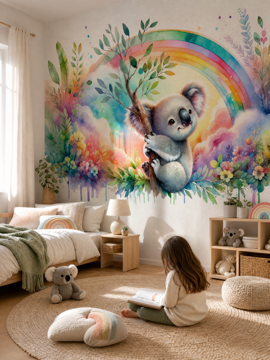 Papier peint koala aquarelle arc-en-ciel