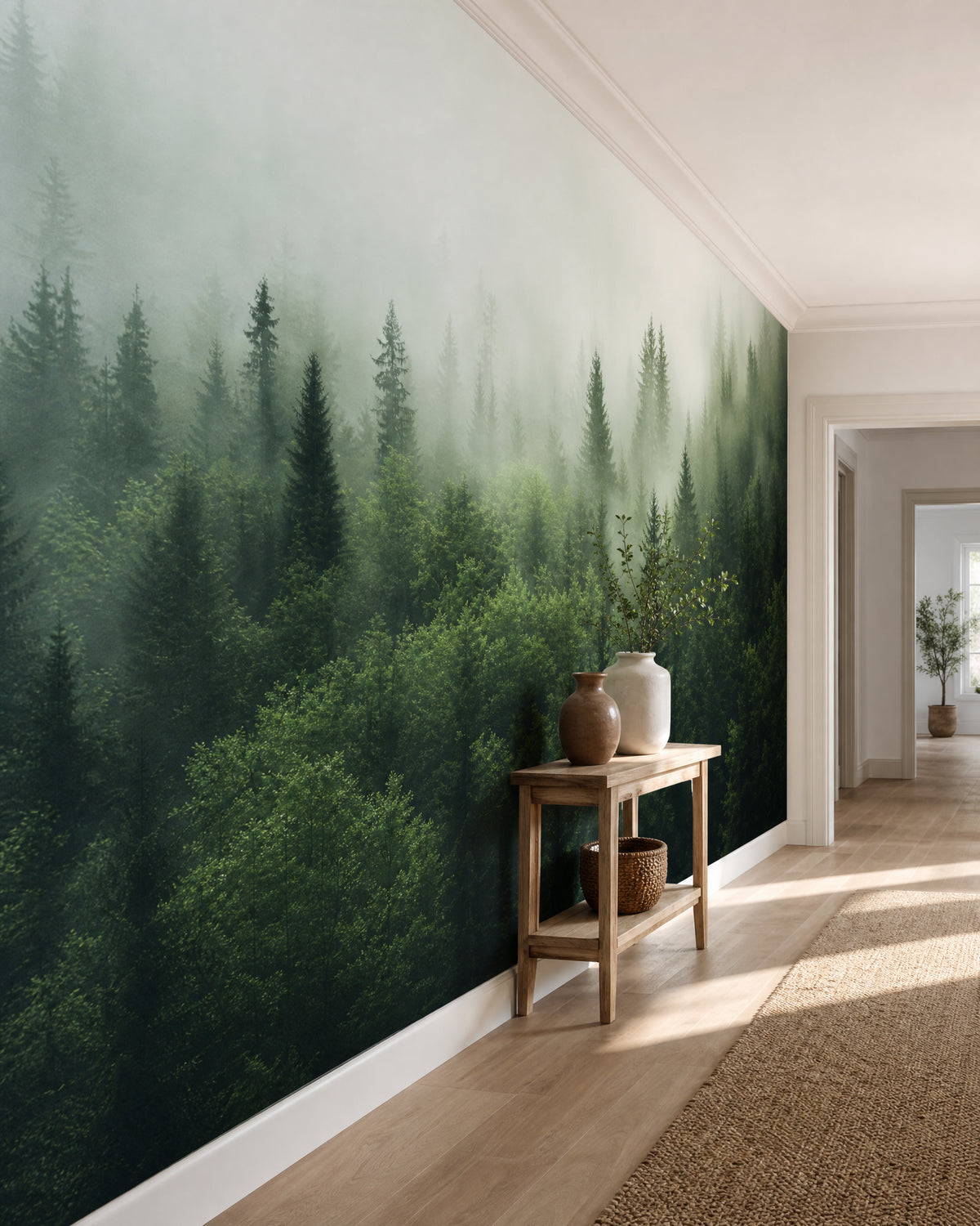 Papier peint sapin forêt nordique brume