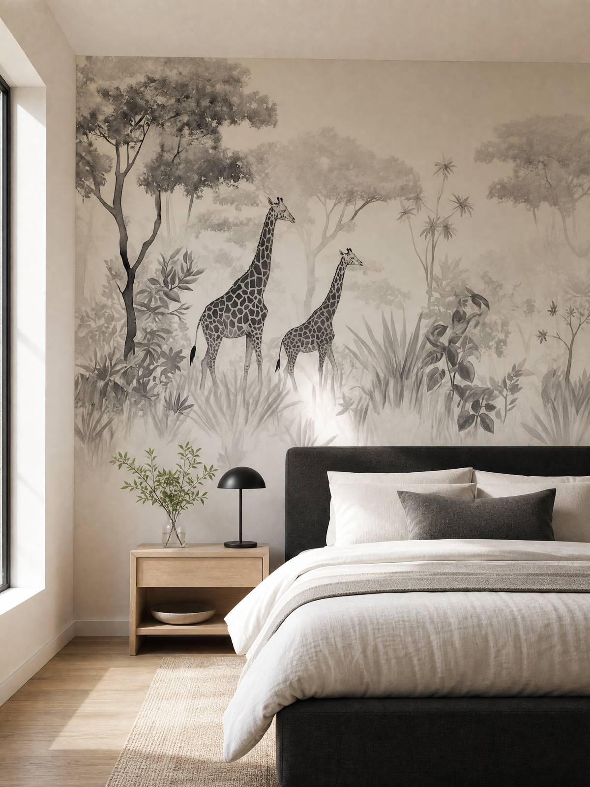Papier peint girafe savane noir et blanc