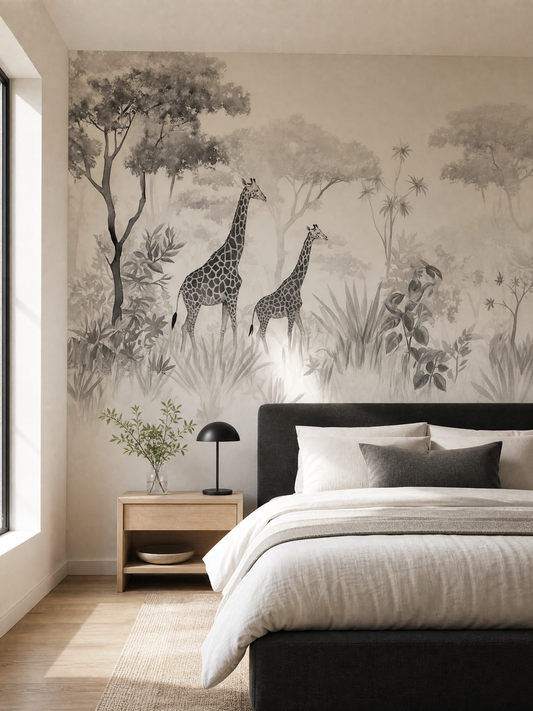 Papier peint girafe savane noir et blanc
