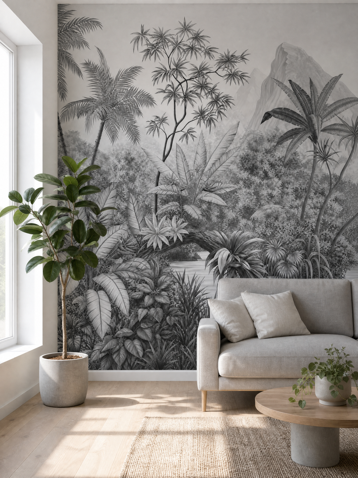 Papier peint jungle noir et blanc montagneuse