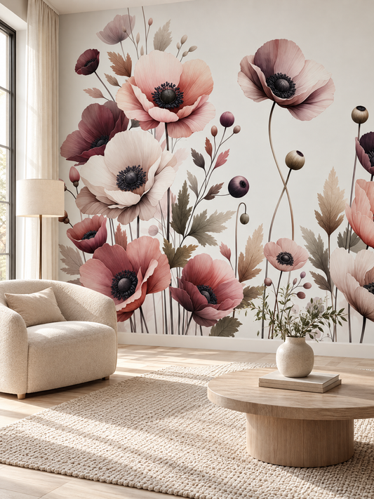 Papier peint fleuri pastel rose et blanc