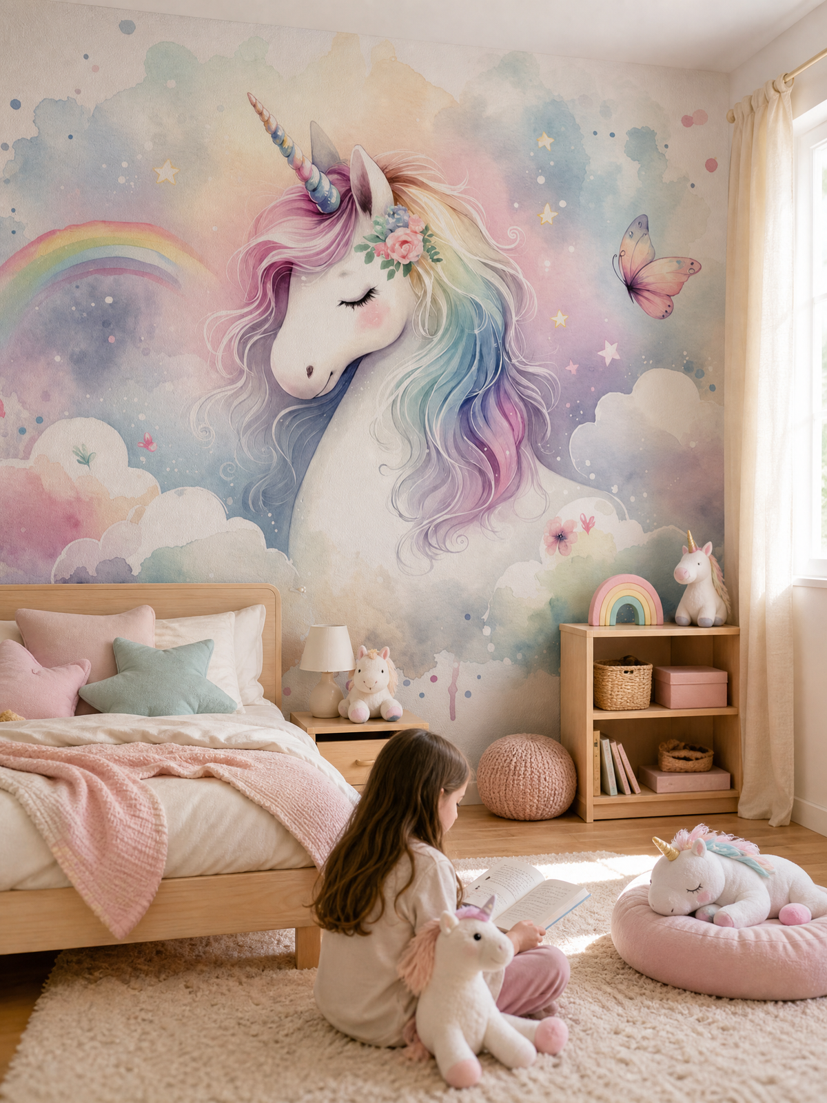 Papier peint licorne aquarelle et arc-en-ciel