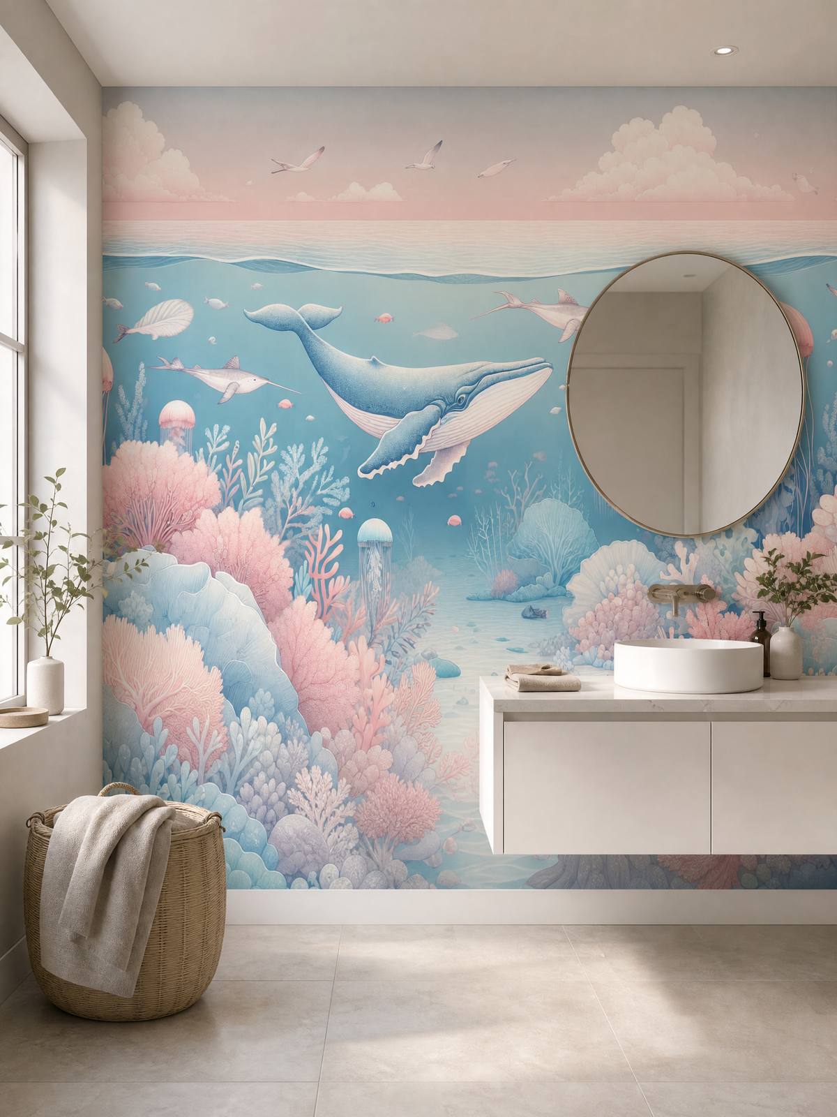 Papier peint marin méduses baleines et coraux