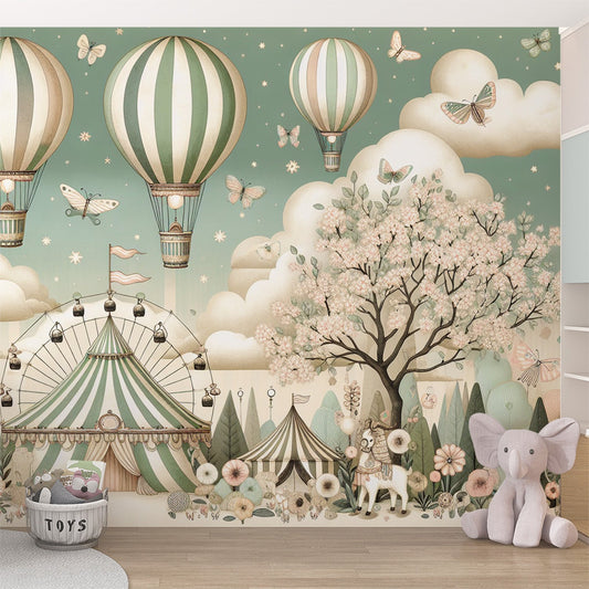 Papier peint chambre enfant cirque et montgolfières