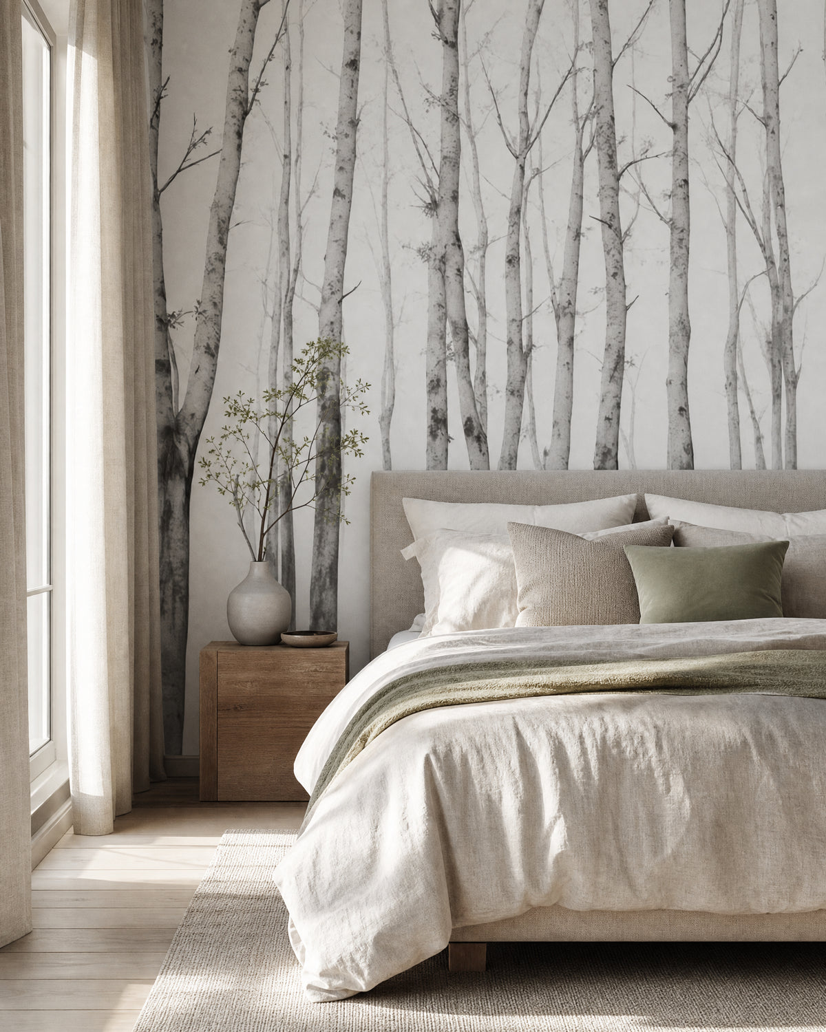 Papier peint bouleau forêt noir et blanc