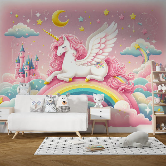 Papier peint arc-en-ciel licorne et château rose