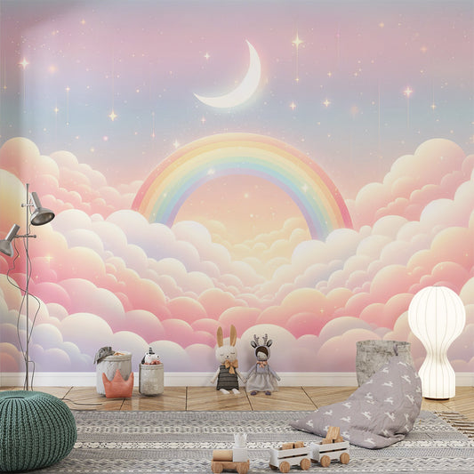 Papier peint arc-en-ciel nuages roses et étoiles