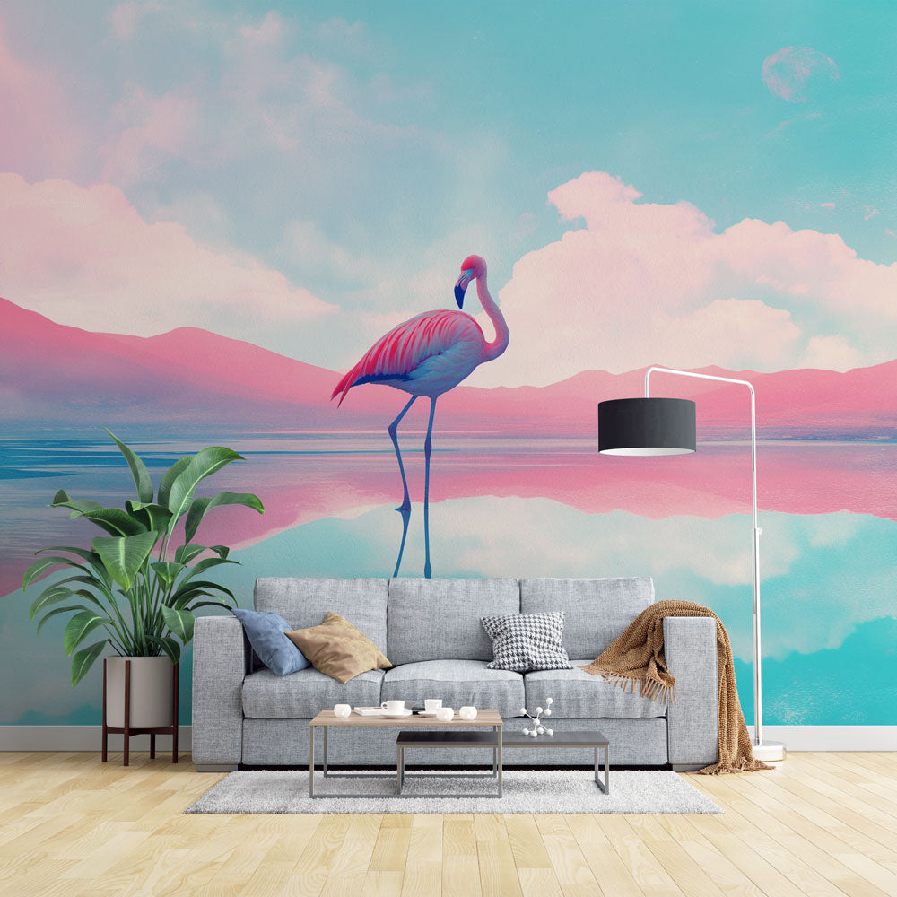 Papier peint flamant rose et montagne collage