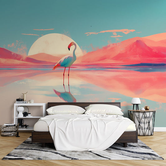 Papier peint flamant rose et soleil collage