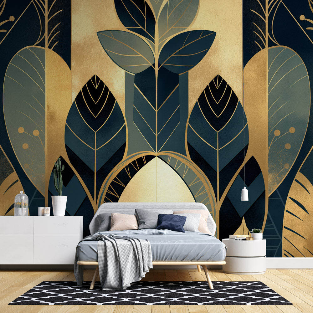 Papier peint feuillage art déco géométrique