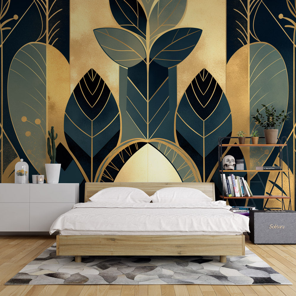 Papier peint feuillage art déco géométrique