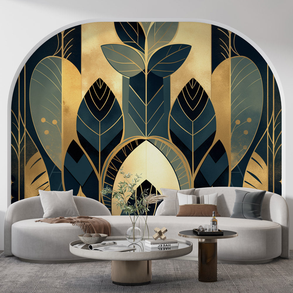 Papier peint feuillage art déco géométrique