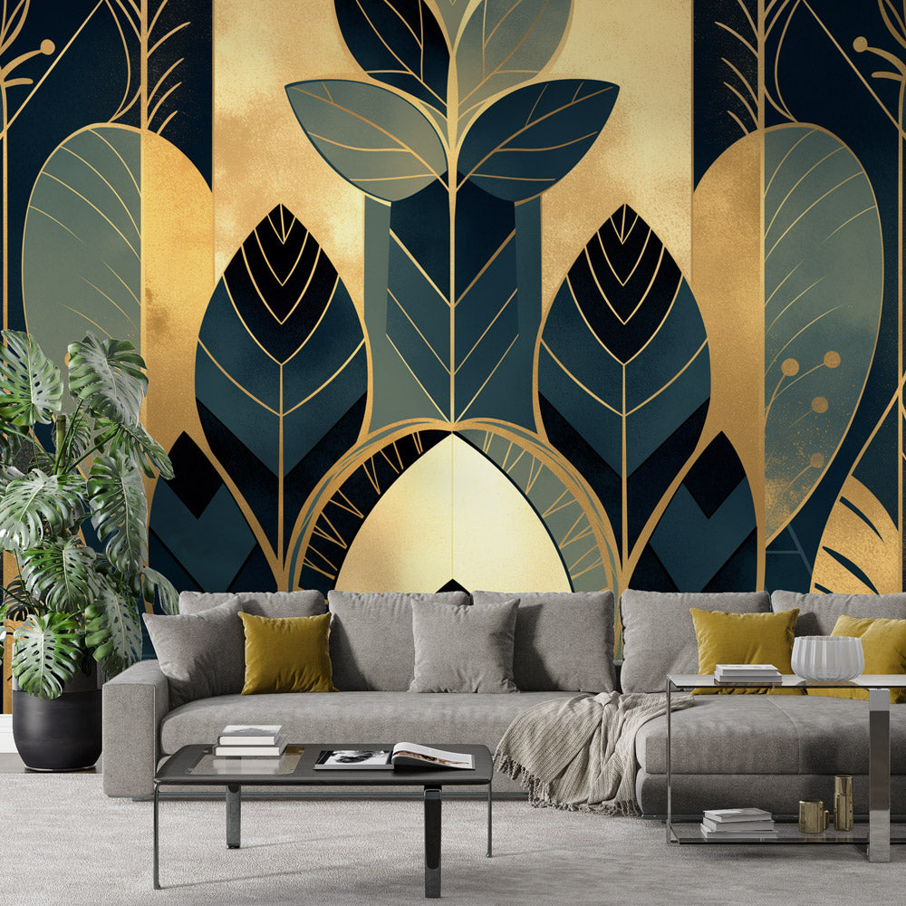 Papier peint feuillage art déco géométrique