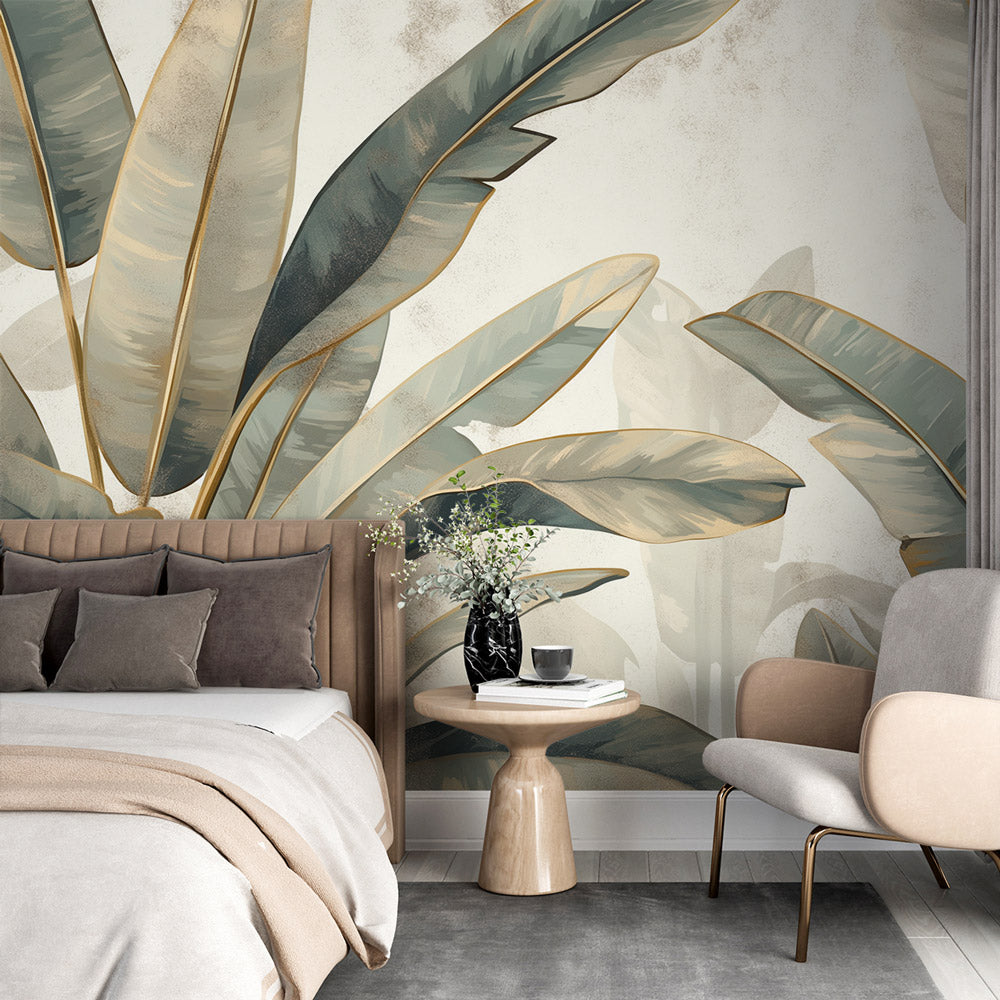 Papier peint feuillage beige vert et or