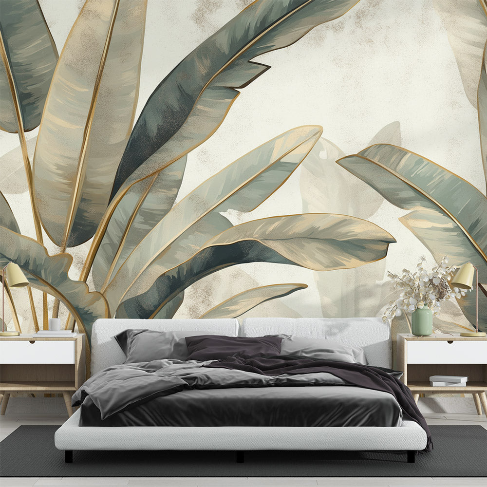 Papier peint feuillage beige vert et or