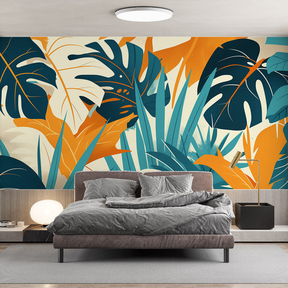 Papier peint feuillage pop art monstera et palmier