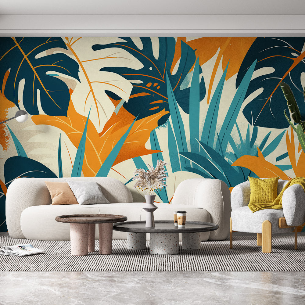 Papier peint feuillage pop art monstera et palmier