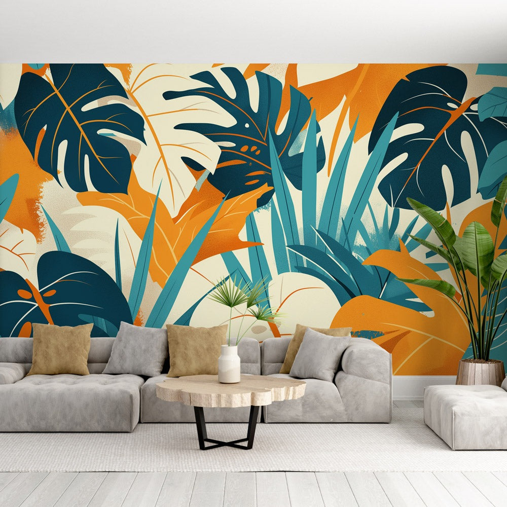 Papier peint feuillage pop art monstera et palmier