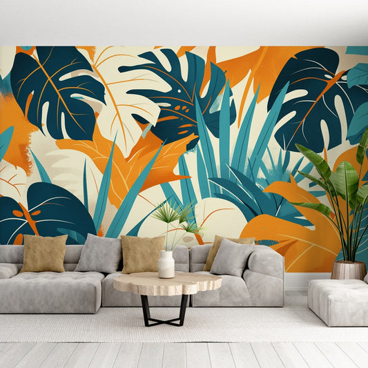 Papier peint feuillage pop art monstera et palmier