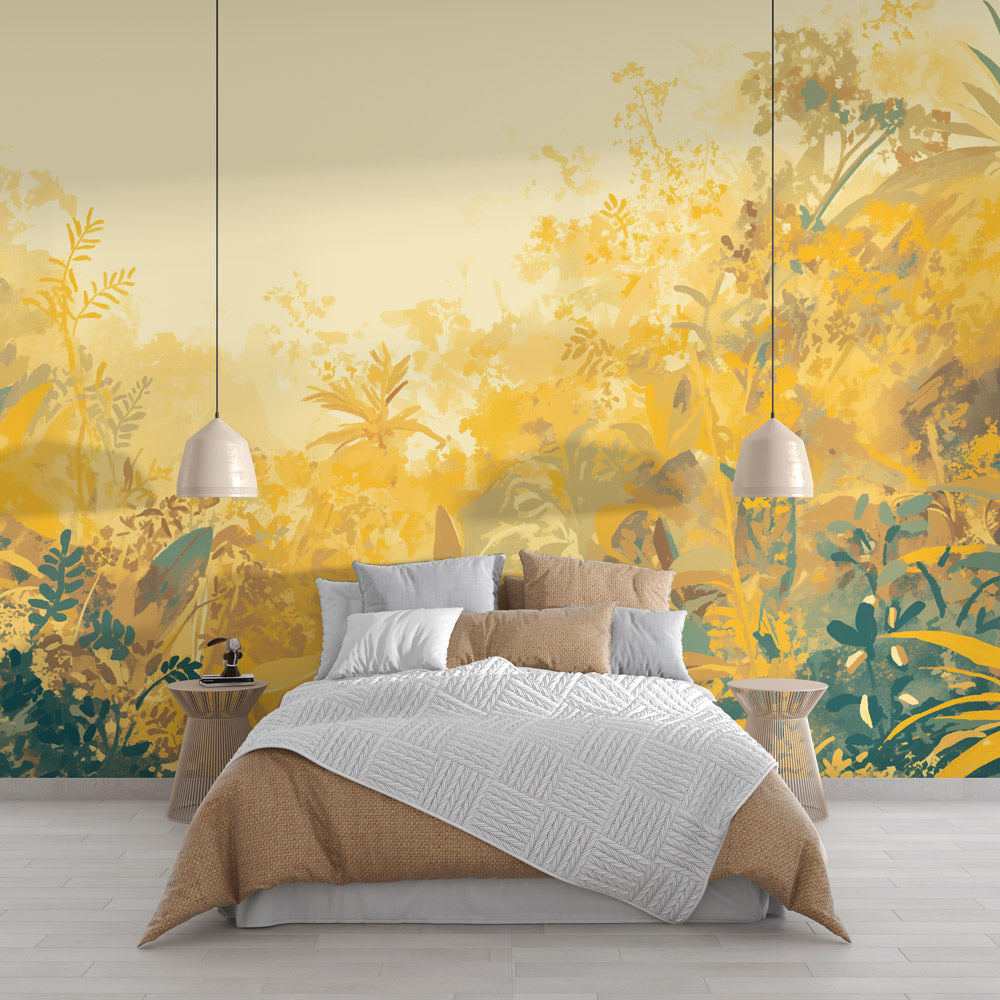 Papier peint feuillage vert et jaune