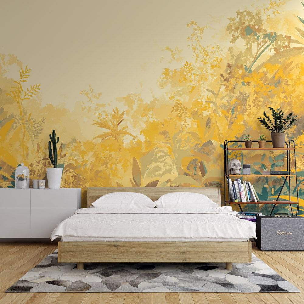 Papier peint feuillage vert et jaune