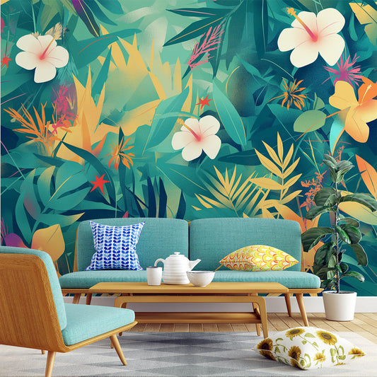 Papier peint feuillage tropical multicolore