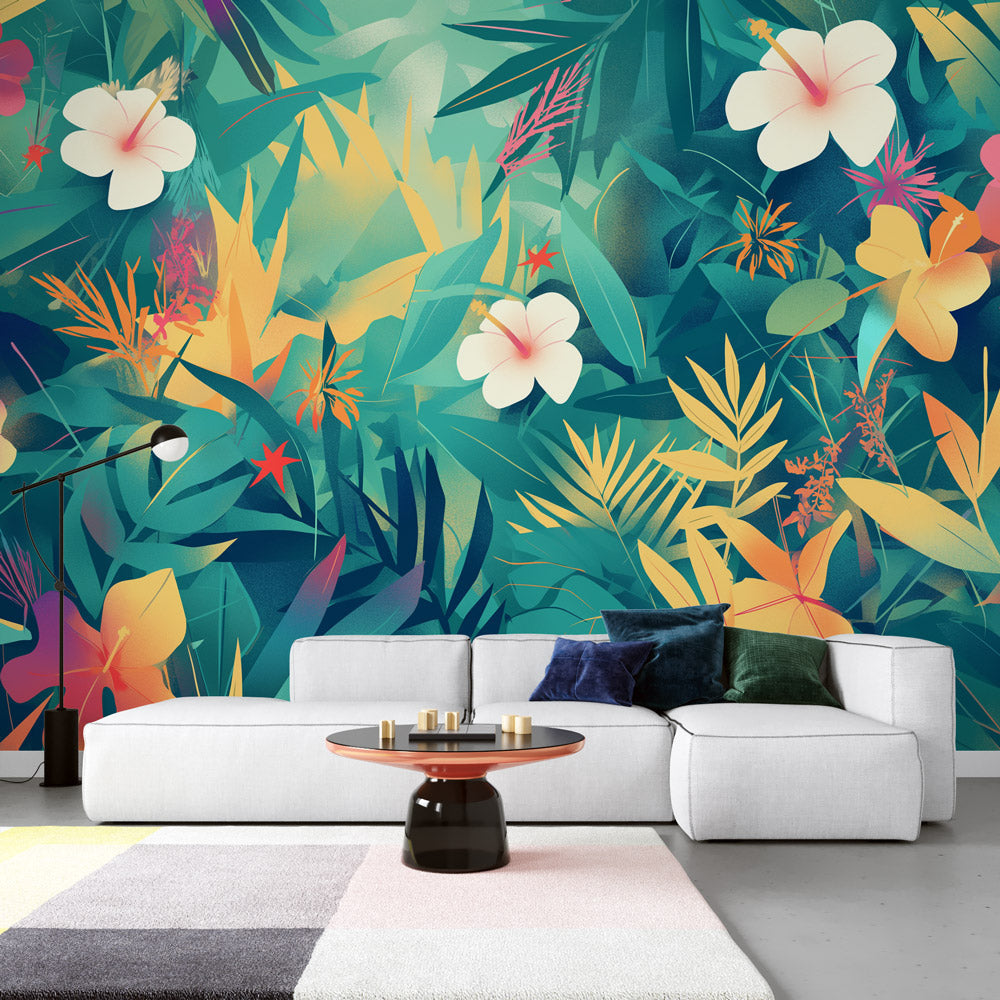 Papier peint feuillage tropical multicolore