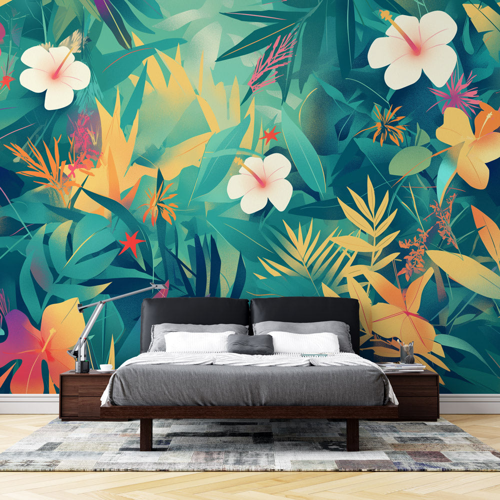 Papier peint feuillage tropical multicolore
