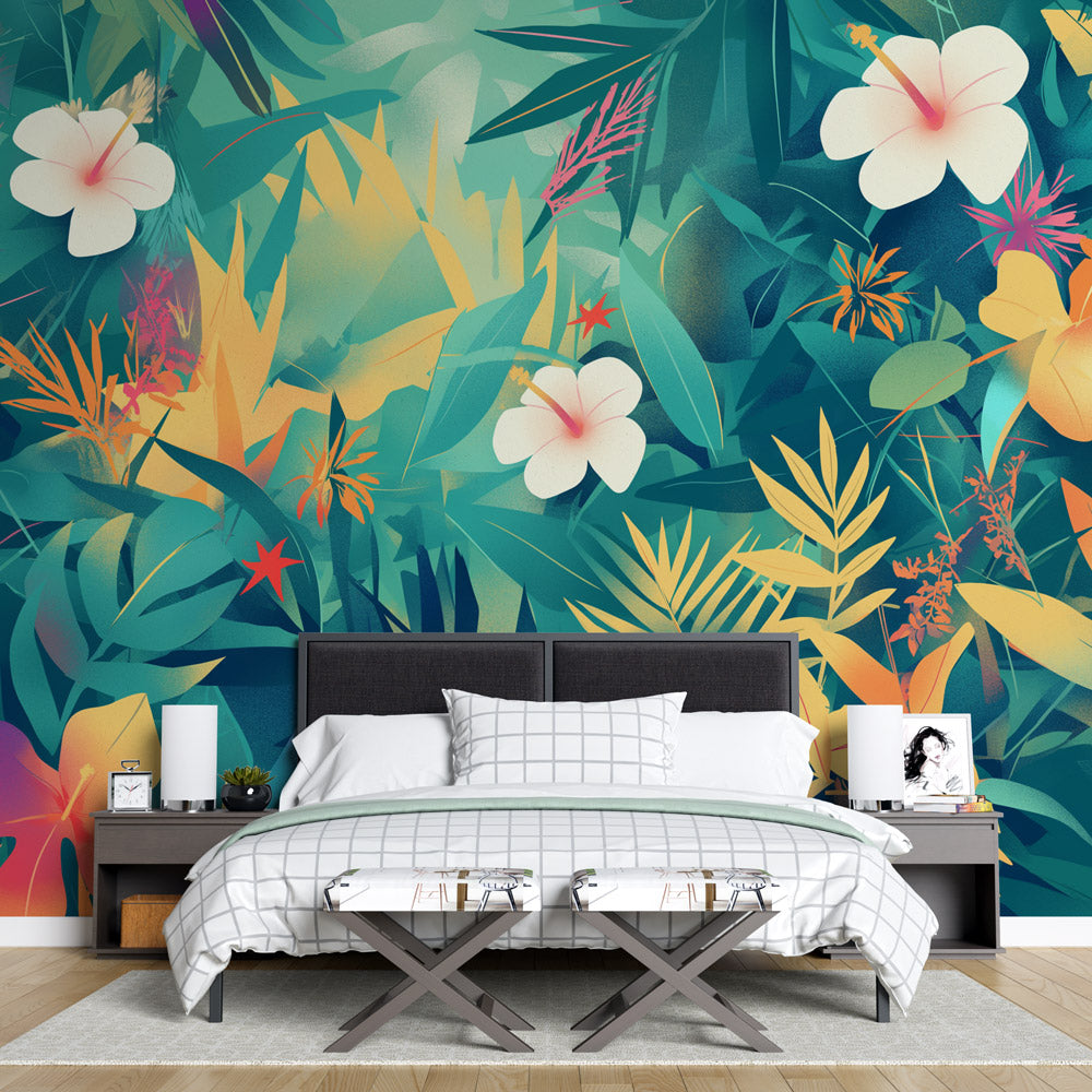 Papier peint feuillage tropical multicolore