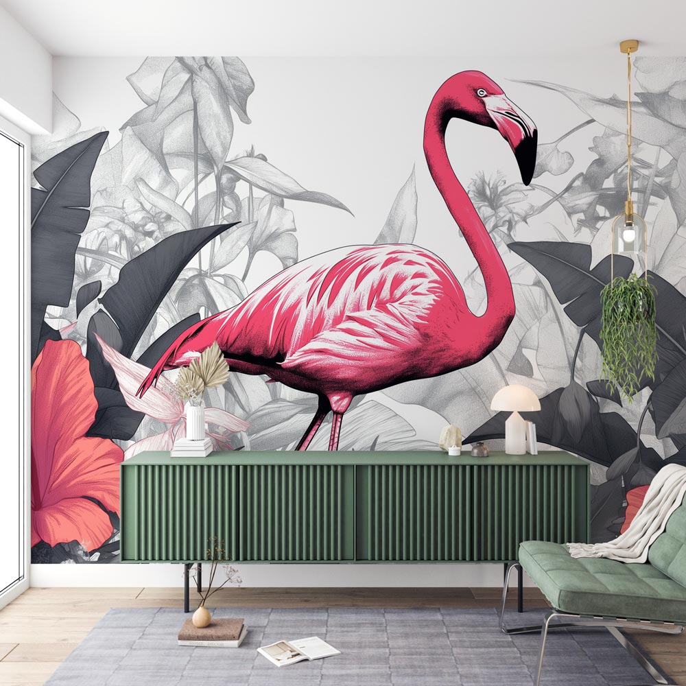 Papier peint flamant rose noir et blanc