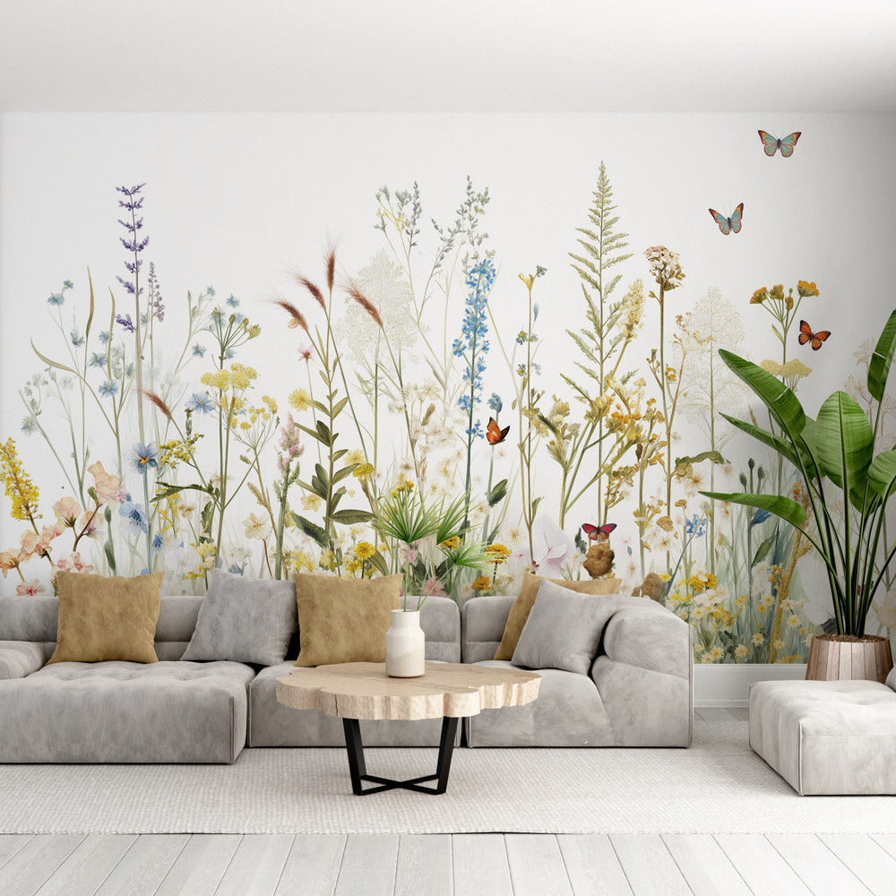 Papier peint fleurs sauvages et papillons