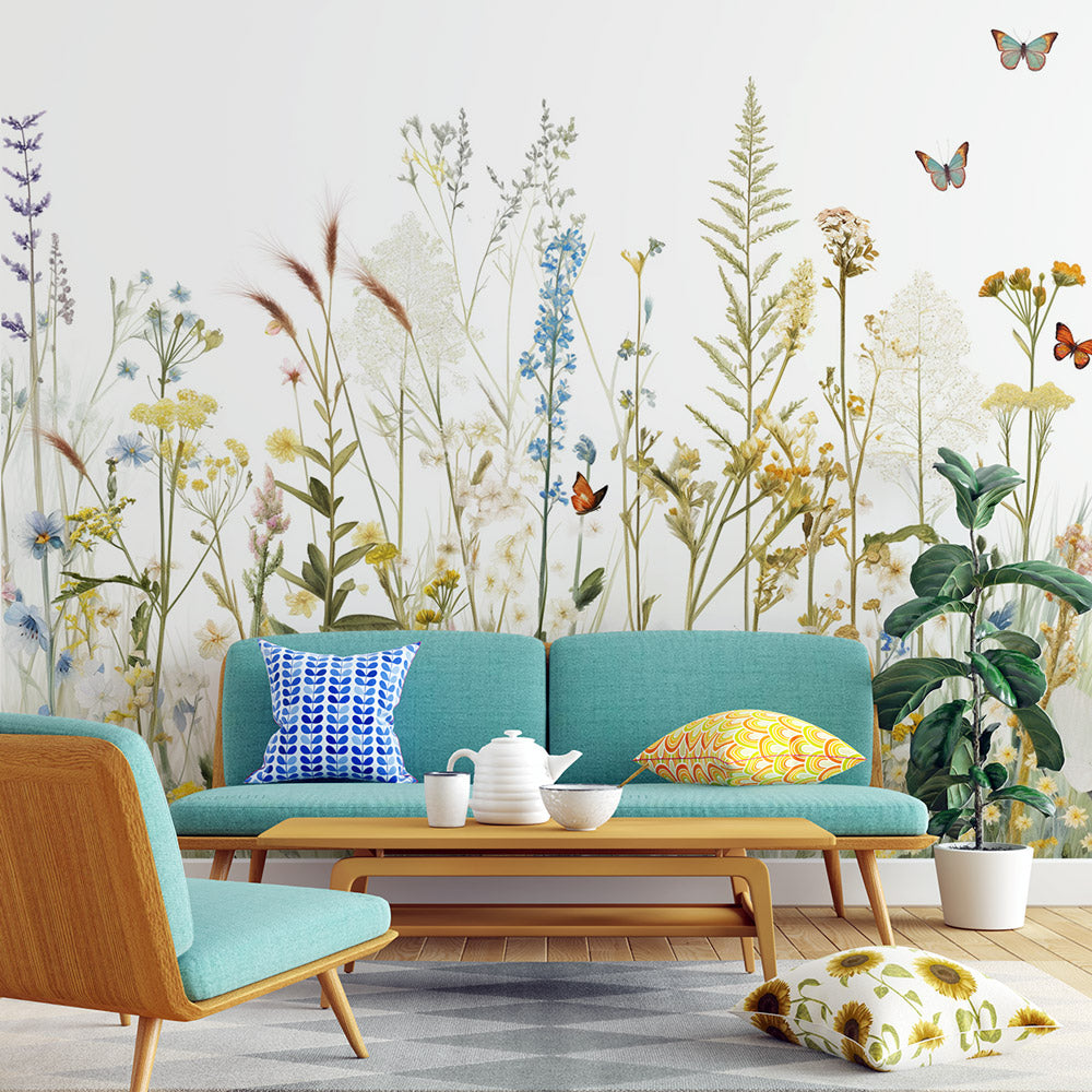 Papier peint fleurs sauvages et papillons