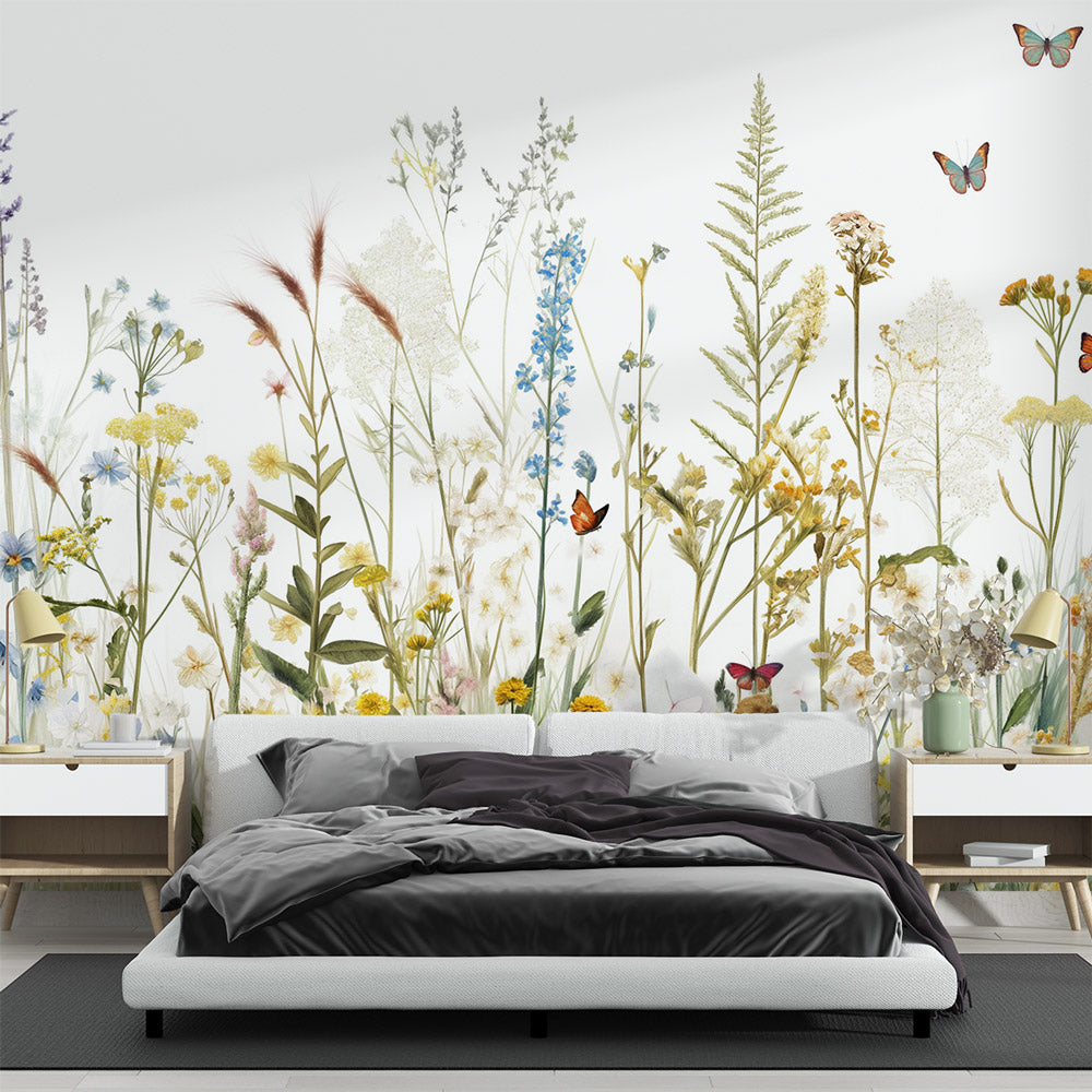 Papier peint fleurs sauvages et papillons