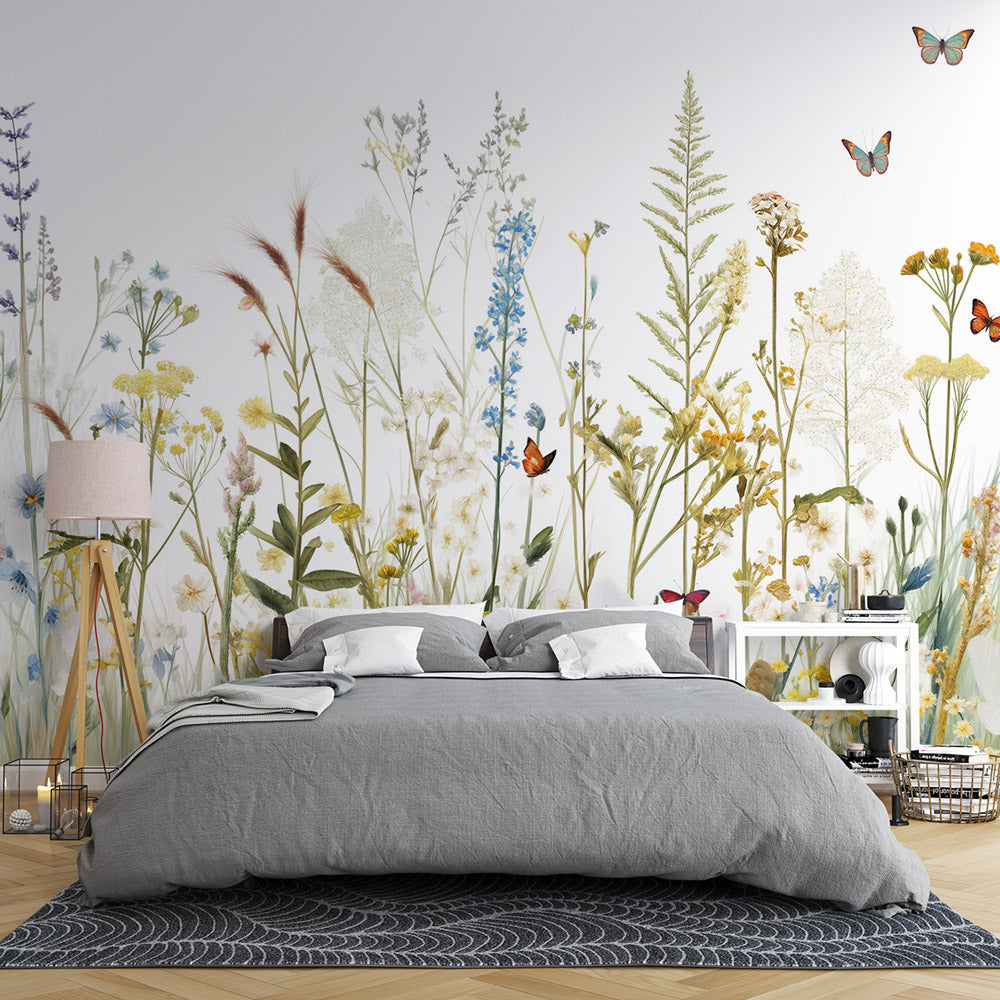 Papier peint fleurs sauvages et papillons