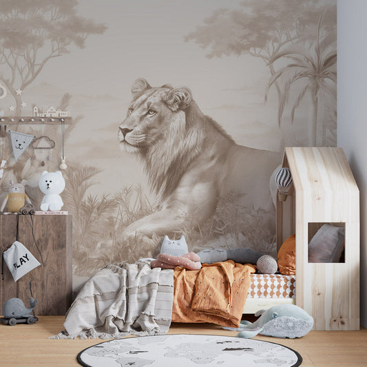 Papier peint lionceau savane sépia