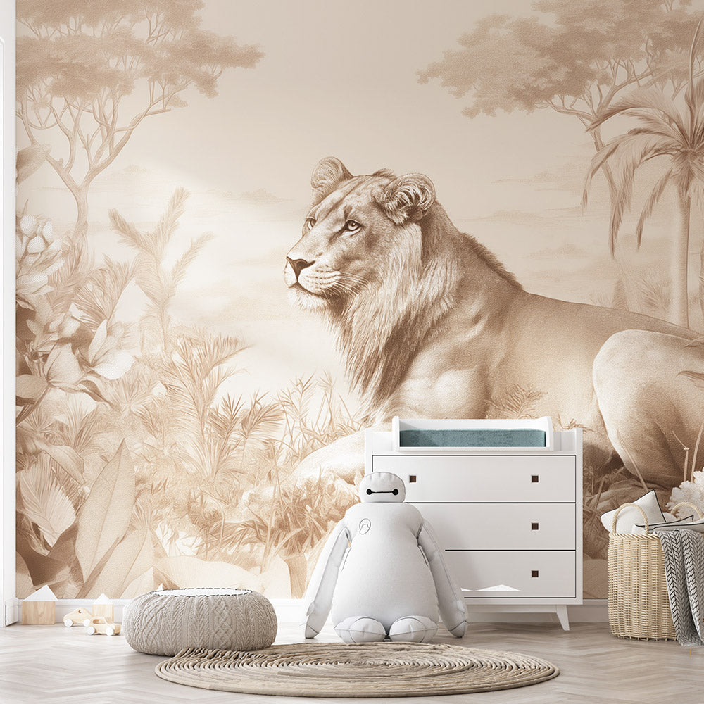 Papier peint lionceau savane sépia